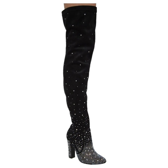 black rhinestone thigh high boots